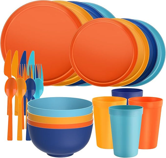 20 Piece RV & Camping Dinnerware Set, Elegant Ceramic-Look Large Bowls & Plates, Unbreakable & 100% Microwave Safe, Melamine Alternative Service for 4, Fiesta