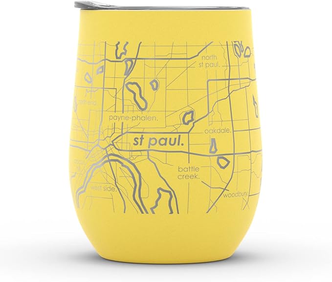 Well Told Engraved Minneapolis Minnesota Map Insulated Wine Tumbler, Etched Stainless Steel Cup (12 oz, Sunrise Yellow) City Map Insulated Tumbler, Custom Insulated Tumbler, Outdoor Drinkware