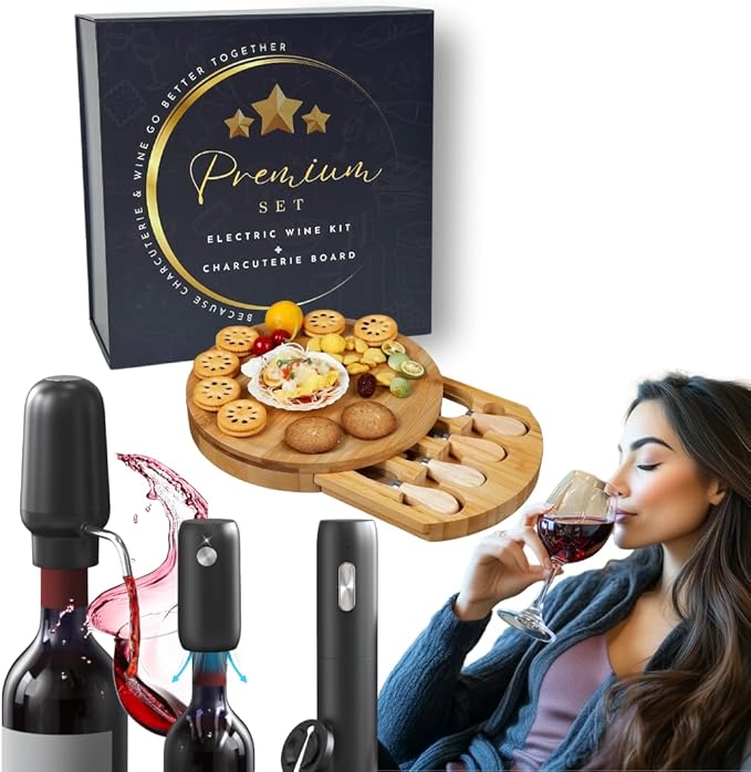 Rechargeable Electric Wine Opener Set - Includes Foil Cutter, Wine Aerator Dispenser, Electric Vacuum Stopper, Charcuterie Board and Knives Set - Luxury Packaging for a Special Occasion
