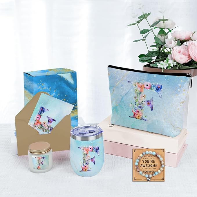 Personalized Gifts Monogrammed Birthday Gifts for Women, Aunt Grandma Retirement Christmas Initial Wine Tumbler Makeup Bag Scented Candle Bracelet Set, (Aesthetic Blue Flower F)