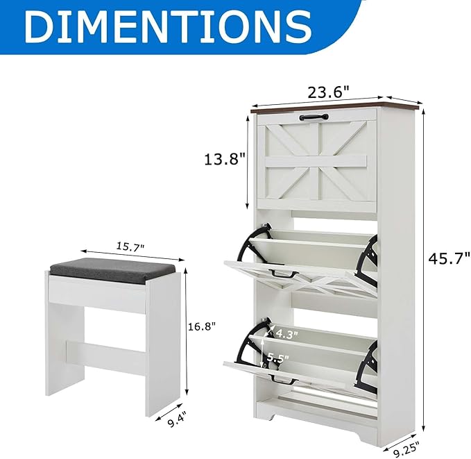 Shoe Storage Cabinet with Bench, Farmhouse Shoe Organizer with Barn Door Design, Space-Saving Hidden Narrow Shoe Rack Cabinet for Entryway, Hallway & Foyer，White