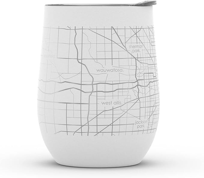 Well Told Engraved Milwaukee Wisconsin Map Insulated Wine Tumbler, Etched Stainless Steel Wine Tumbler (12 oz, White) City Map Insulated Tumbler, Custom Insulated Tumbler, Outdoor Drinkware