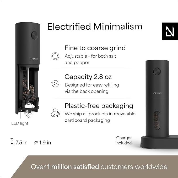 LARS NYSØM Electric Salt and Pepper Grinder Set, USB Rechargeable, Automatic Salt and Pepper Mills, Spice Shakers Refillable with LED Light, Adjustable Coarseness, Ceramic Grinder (Carbon Black)