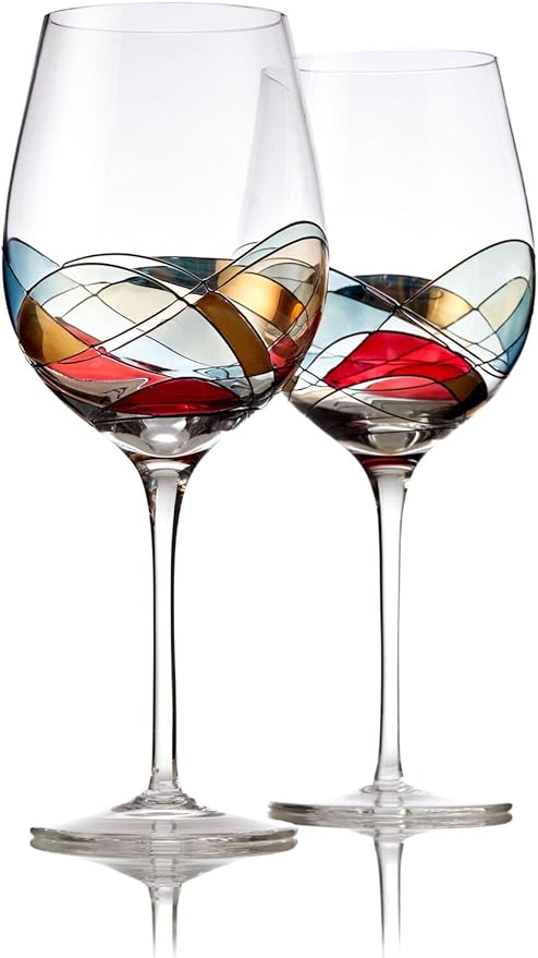 Bezrat Red Wine Glasses Set of 2, Unique Hand Painted Wine Glasses, Drinkware Essentials, 11" H, 28oz Wine Lover Large Wine Glass, Glassware Gifts Ideas for Women Inspired by The 'Duomo di Milano'