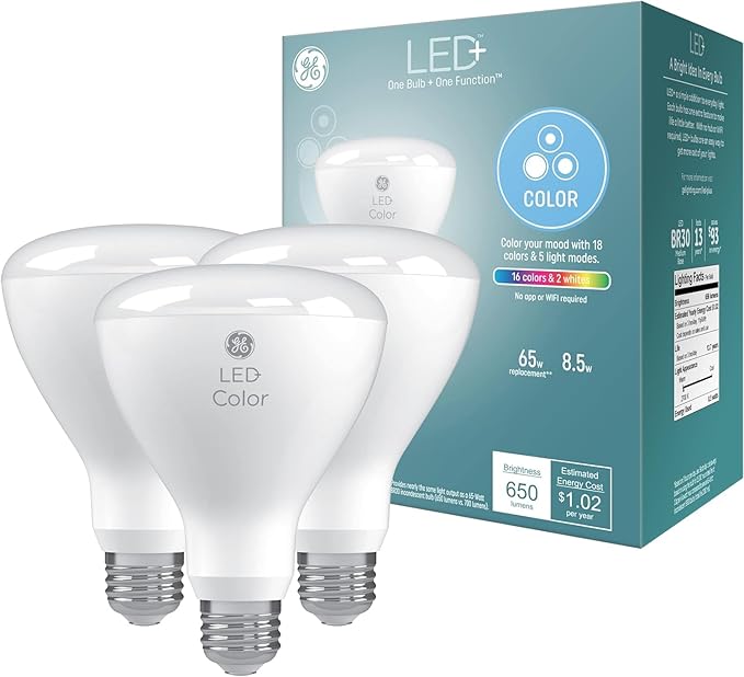 GE LED+ Color Changing LED Light Bulbs with Remote, 8.5W, No App or Wi-Fi Required, BR30 Indoor Floodlights (3 Pack)