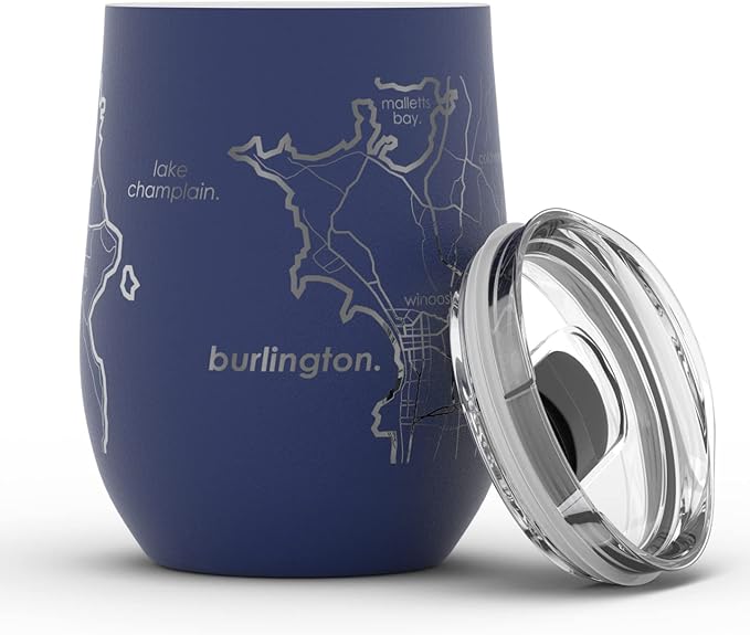 Well Told Engraved Burlington Vermont Map Insulated Wine Tumbler, Etched Stainless Steel Cup (12 oz, Midnight Blue) City Map Insulated Tumbler, Custom Insulated Tumbler, Outdoor Drinkware