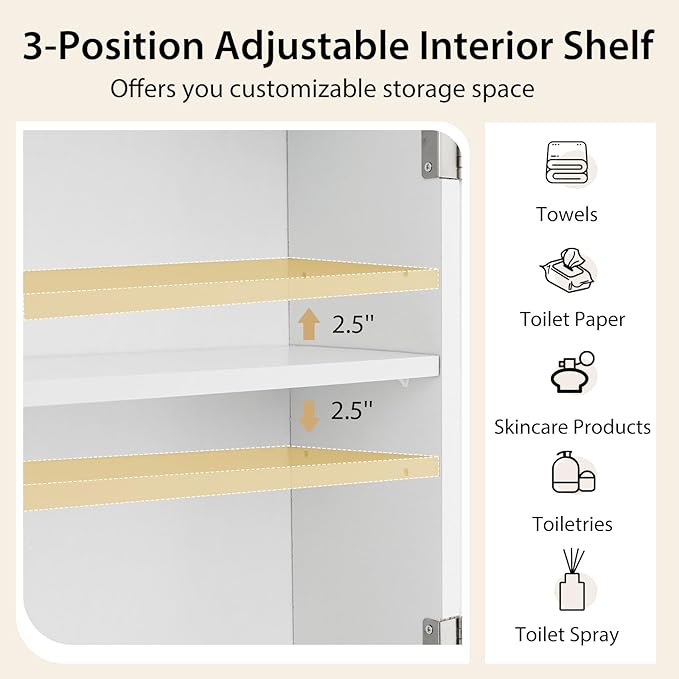COSTWAY Over The Toilet Storage Cabinet, Bathroom Shelf Over Toilet, Double Door Bathroom Storage Cabinet Organizer with Adjustable Shelf, Open Shelf (White)