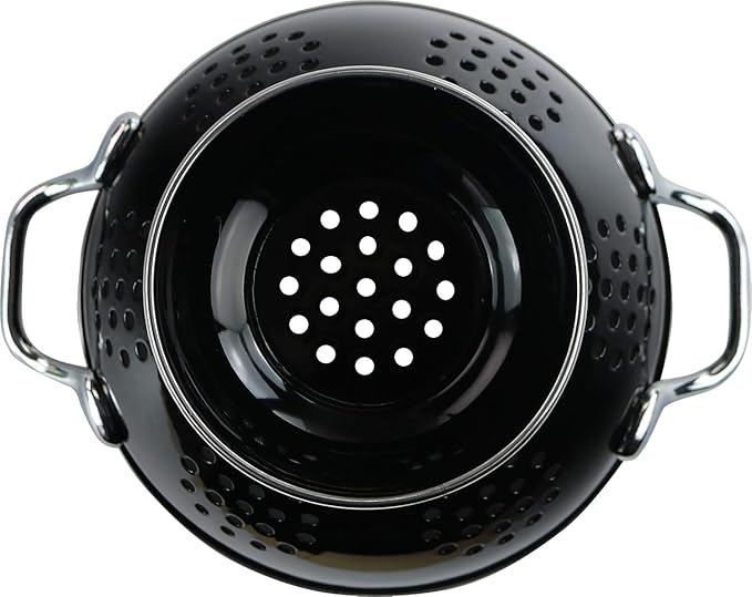 Reston Lloyd Calypso Basics Extra Large Enameled Colander with Solid Base, Strainer Basket with Handles, for Pasta, Berries, Vegetables, Fruit, 7 Quart (224oz/ 6.6 L), Black