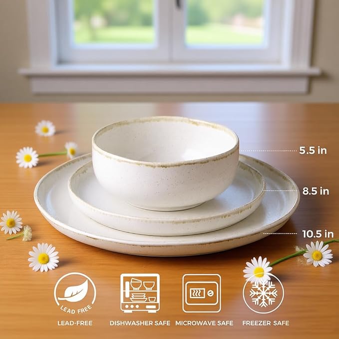 AmorArc Ceramic Dinnerware Sets, Wavy Rim Stoneware Plates and Bowls Sets, Highly Chip and Crack Resistant | Dishwasher & Microwave Dishes set, Service for 4 (12pc)-Speckled Cappuccino White