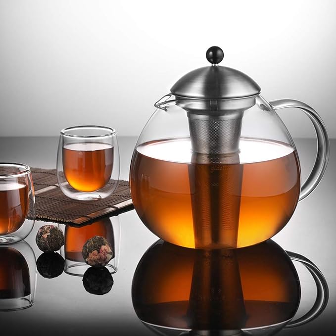 glastal 67oz XL Large Glass Teapot with Infuser Stovetop Safe, Tea Pots for Loose Tea Glass, Glass Tea Kettle for Stove Top, Clear Teapot with Strainer for Loose Tea (2000 ml)