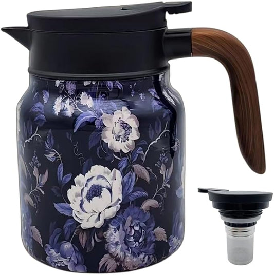 1000ml Smart Temperature Control Vintage Floral Tea Thermos Stainless Steel Insulated Mug with Built-In Filter Double Wall Vacuum Travel Tumbler for Hot Cold Drinks (White Snow Tower)