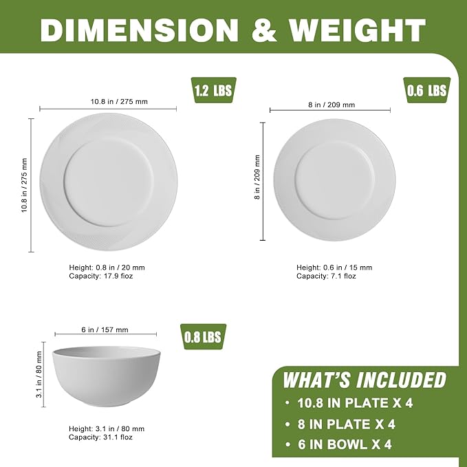 Yoshy Bone China Dinnerware with Lightweight Durable Chip Resistant Design Service for 4 (12 Piece - Service for 4, Rhythmlight)