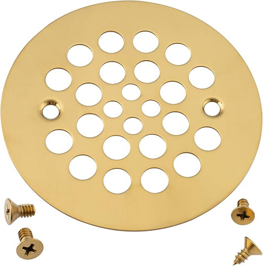 Artiwell 4-1/4“ Shower Strainer Drain Trim Set, Screw-in Shower Strainer Drain Cover, Plastic-Oddities Style Replacement Strainer Grid,Machine & Self-Tapping Screws Included (Brushed Gold)