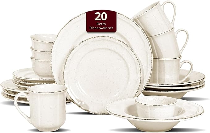 20pc Dinnerware Set, Plate and Bowl Set, Stoneware Dishes Set for 4, Microwave and Dishwahser Safe, Scratch Resistant, French Countryside Speckled Antique Cream