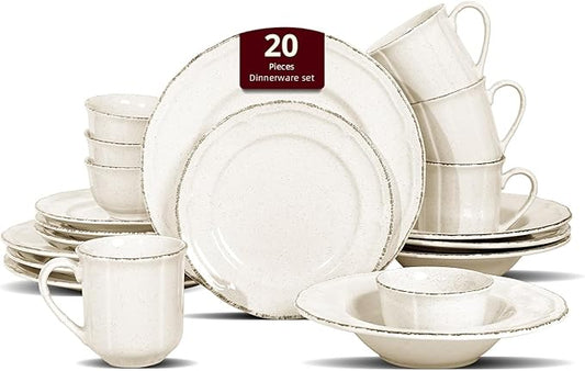 20pc Dinnerware Set, Plate and Bowl Set, Stoneware Dishes Set for 4, Microwave and Dishwahser Safe, Scratch Resistant, French Countryside Speckled Antique Cream