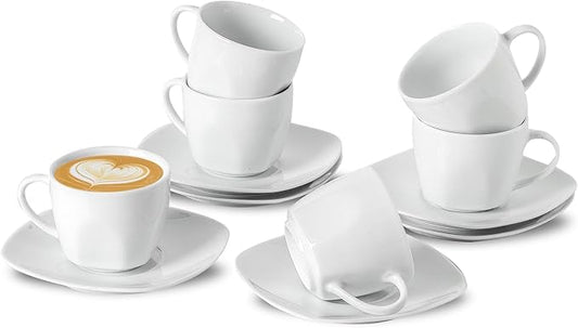 6.5 Ounce Porcelain Espresso Cups and Saucers Set of 6, Ceramic Cappuccino Demitasse Mugs Square Stackable Coffee Cup with Saucer Set for Coffee Drink, Espresso, Latte, Cafe Mocha and Tea Party, White