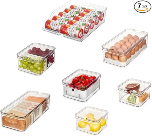 iDesign Crisp 7-Piece Recycled Plastic Refrigerator Organizer Bin Set with Lids, Clear/White