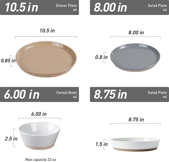 Famiware Saturn Dinnerware Set with Pasta Bowl, 16 Pieces Dish Set, Plates and Double Bowls Sets for 4, Chip and Scratch Resistant, Microwave and Dishwasher Safe Tableware, Multi-color