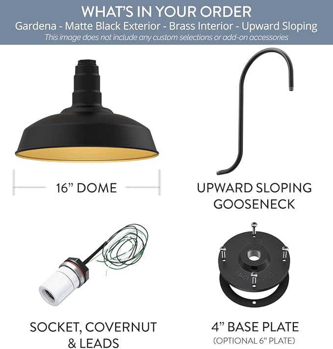 Steel Lighting Co. | Dusk to Dawn | Gardena Barn Light | Outdoor Wall Mounted | 16" Dome | Upslope Gooseneck | Farmhouse Light Made in America | Matte Black Exterior/Brass Interior