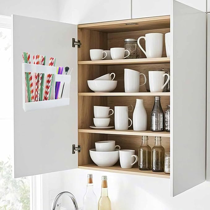 Acrylic Straw Organizer with Adhesive Backing, High & Low Parts for Long and Short Straws, Utensils, 5-Compartment Clear Kitchen Storage Spoons Dispenser Container Inside Cabinet Door Mount Holder