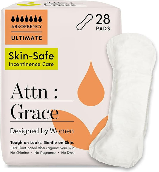 Attn: Grace Ultimate Incontinence Pads for Women, 28-Pack - High Absorbency, Breathable, Plant-Based - Overnight Pads for Heavy Bladder Leaks & Sensitive Skin