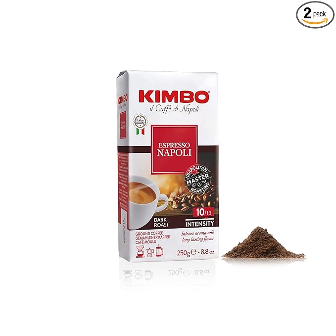 Kimbo Espresso Napoli Ground Coffee | Dark Roast | Intense Aroma & Long Lasting Flavor | 10/13 Intensity | 8.8 oz (250g) Brick