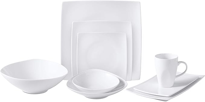 Bone China Square Shape, Elegance White 51pc Dinnerware Set