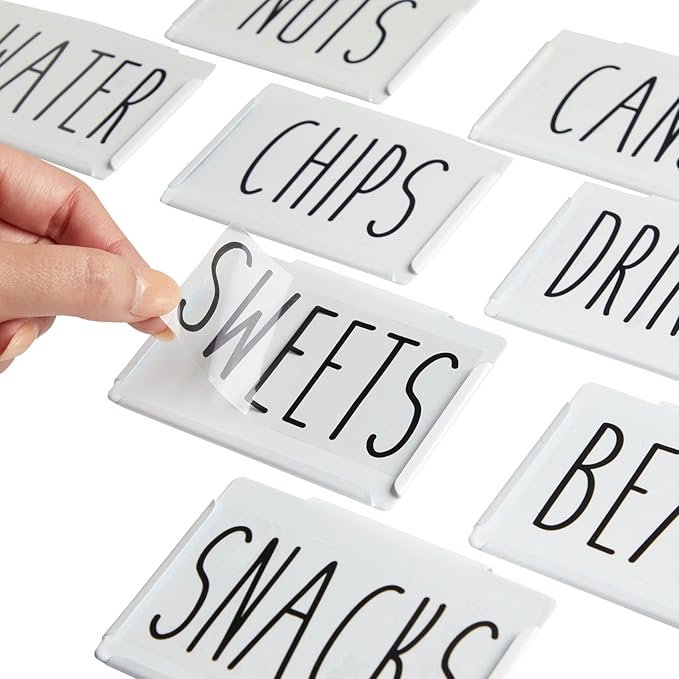 Talented Kitchen Storage Bin & Pantry Labels with Clip-On Holders - 3.5 x 2.5 in White Metal, 8 Clips & 40 Vinyl Tags - Kitchen Shelf Labels