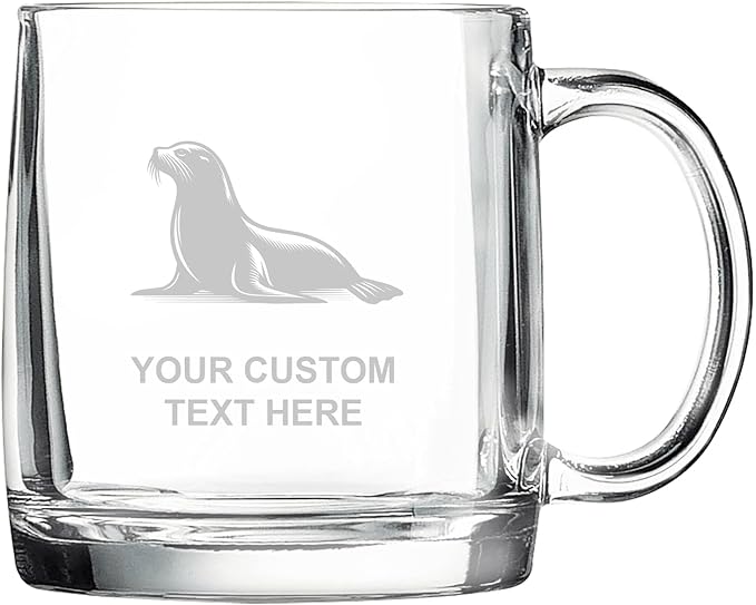 Sea Lion, Personalized 12.5 oz Polar Camel Glass Coffee Desk Mug – Custom Laser Engraved Clear Cup for Tea, Espresso, Latte, Whiskey - Microwave Safe/Made in USA