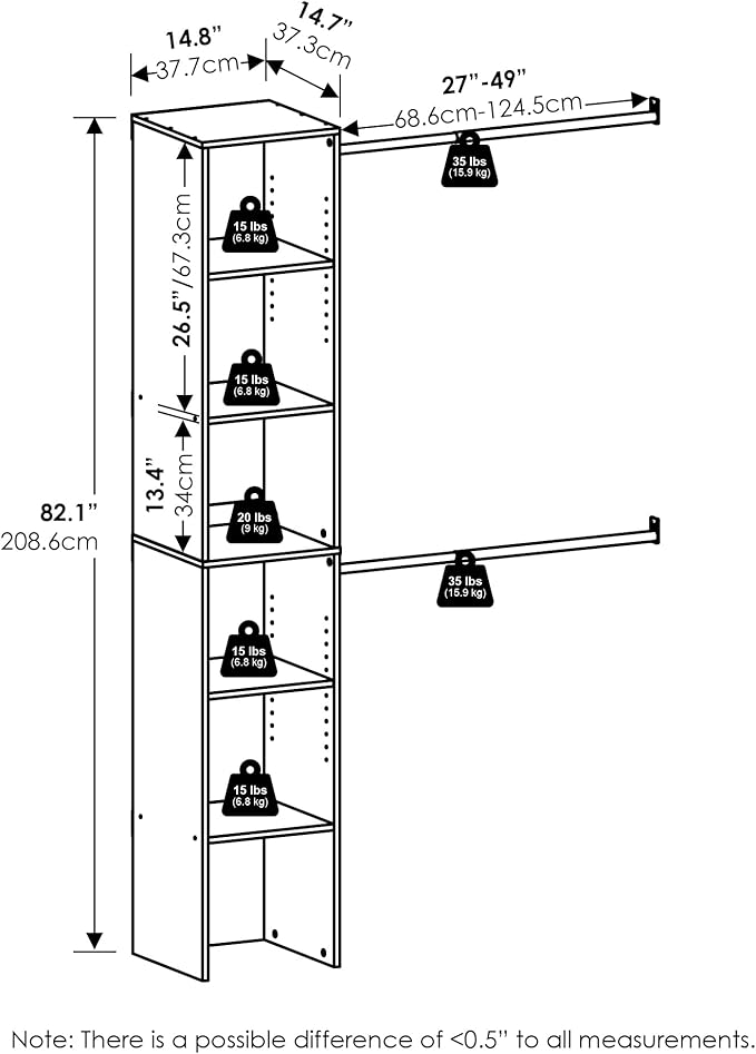 Furinno FANO Closet Organizers and Storage, Closet Storage Organizer with 2 Hanging Bars, Wardrobe Closet Shelf Towers, for Wardrobe, Bedroom, Living Room, White