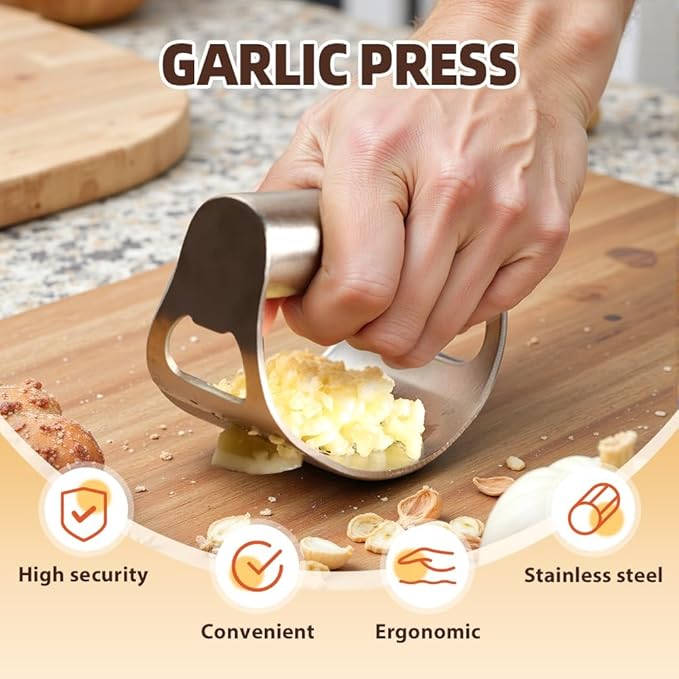 Stainless Steel Garlic Press, 2025 Upgrade Arc Shape Stainless Steel Ring Garlic Chopper, Garlic Presse Rocker Garlic Press Mincer Crusher Press, Home Heavy Duty Handle Garlic Chopper (1)