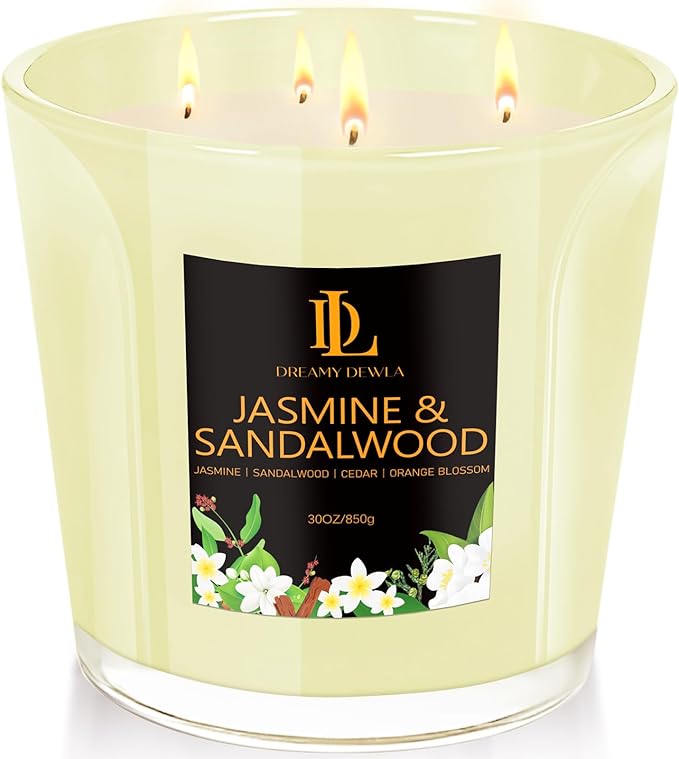 Jasmine & Sandalwood Scented Candle, Large 30oz Natural Soy Candles, 4-Wick 80 Hour Burn Time, Home Fragrance Candles Housewarming Gift for Women Men