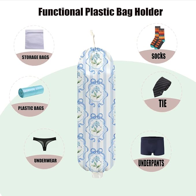 Bow Plastic Bag Holder, Wall Mount Grocery Bag Holder for Plastic Bags, Blue Stripes Reusable Grocery Bags Storage Dispenser for Home Kitchen Pantry Decor, Flower Gifts for Women Mom, 22.5x9 Inch