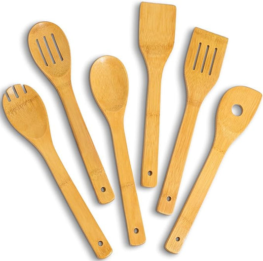 IOOLEEM Bamboo Wooden Spoons for Cooking 6 Pcs 12 Inch, Non-Stick Wooden Kitchen Utensils Set, Natural and Durable Wooden Spatula Spoons for Non-Stick Pan for Cooking