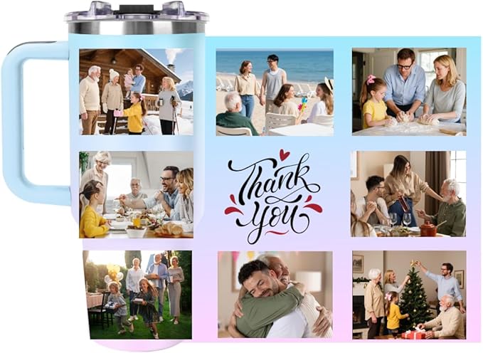 Personalized 40oz Tumbler with Handle, Custom Insulated Tumblers with Pictures Logo, Stainless Steel Travel Coffee Mug, Personalized Gifts for Women Men Birthday Fathers Day Mothers Day(8 PHOTOES)