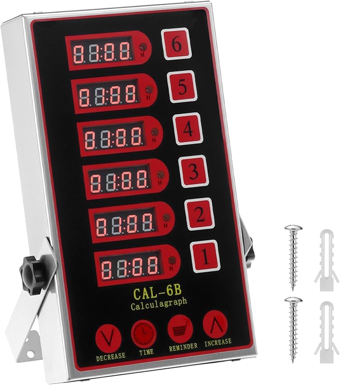 QWORK Kitchen Timers for Cooking – 6 Channel Commercial Kitchen Timer with Ultra-Loud Alarm, LED Display, No Battery Needed, for Restaurants and Catering