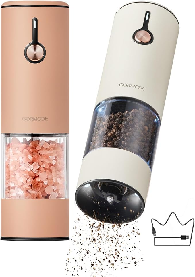 Electric Pepper Grinder and Salt Mill Set - Large Capacity USB Rechargeable Automatic Grinder with Dual LED Lights, One-Handed Operation & Slide Cover - Brushed Stainless Steel