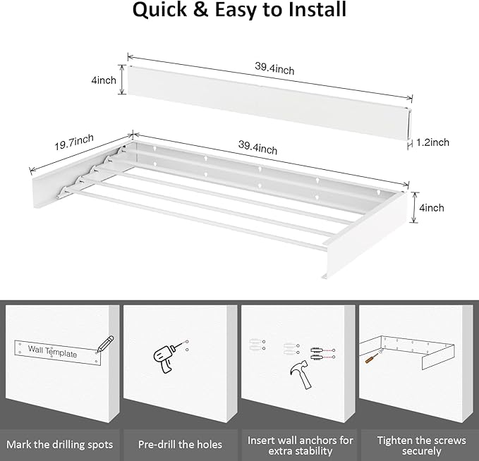 Laundry Drying Rack Collapsible, Wall Mounted Clothes Drying Rack, Space Saving Drying Rack for Laundry, 40" Wide, 16.5 Linear Ft, 5 Aluminum Rods, 60 lb Capacity (White 40")