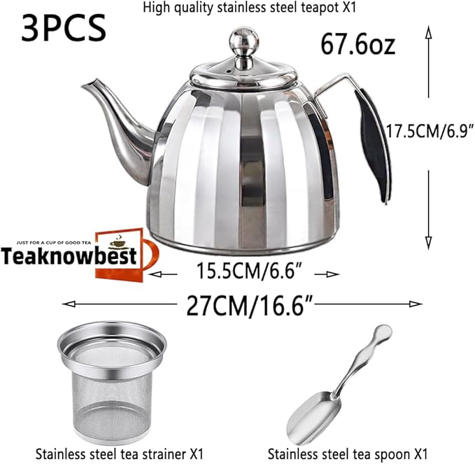 Stainless Steel Tea Pot with Removable Infuser - Loose Leaf Tea Maker, Home & Kitchen Teapot - Large 67.6 oz, Stovetop Safe Teapot for Tea/Coffee, Mirror Finish (2000ml)