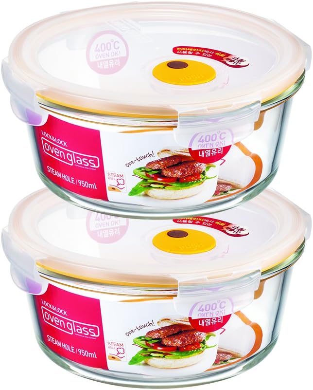 LOCK & LOCK Purely Better Glass Food Storage Container with Steam Vent Lid, Round-32 oz, Clear