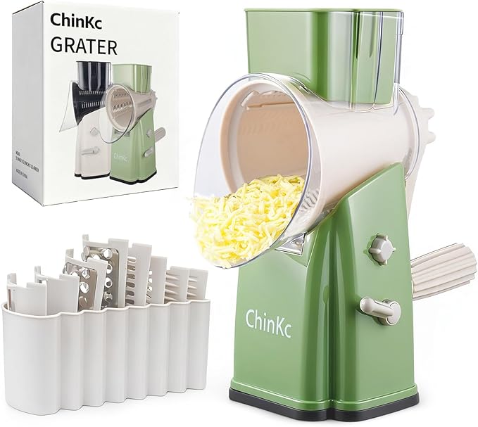 Rotary Cheese Grater Shredder - Upgraded 5 in 1 Cheese Grater with Handle and Strong Suction Base, Multi-purpose Julienne Slicer Ice Shaver Nuts Grinder for Ice, Vegetables, Fruit, Nuts