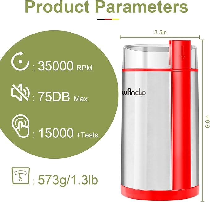 Wancle Electric Coffee Grinder, Quiet Spice Grinder, One Touch Coffee Mill for Beans, Spices and More, with Clean Brush (Red+Stainless Steel+Red)