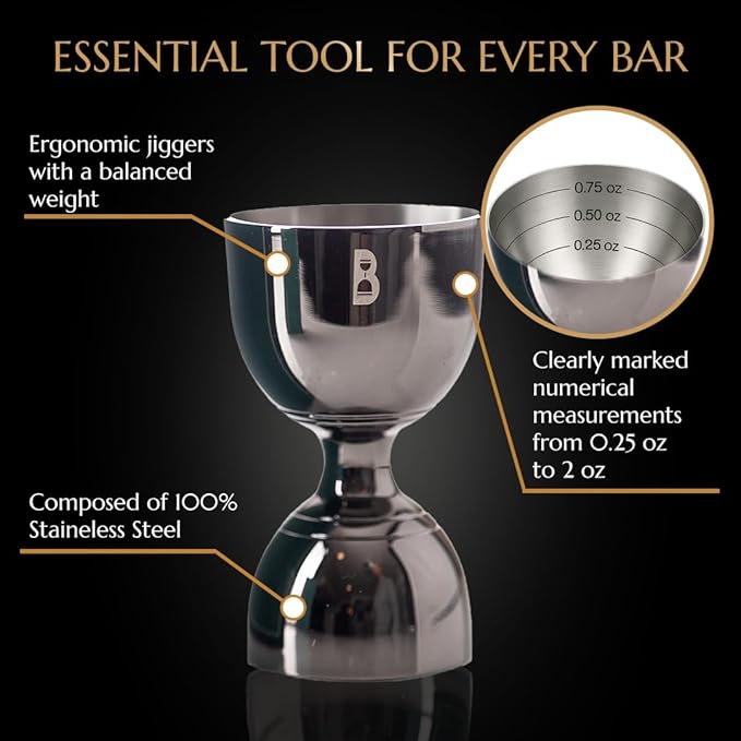 Double Bell Jigger by Bull In China - 0.25oz to 2oz Measures for Cocktails, Bars & Bartenders (Gunmetal Black)