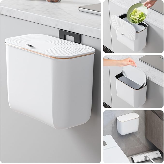 1.9 Gallon Hanging Trash Can - Small Under Sink Trash Can with Lid, Wall Mounted Compost Bin for Kitchen Cupboard Countertop, Odor-Control, Extended Clamping Ring, PET Material, White