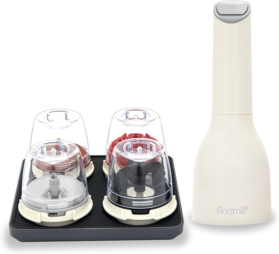FinaMill Ultimate Gift Set – Battery Operated Spice Mill with 4 Interchangeable Spice Pods & Slate Quartet Stackable Tray, Adjustable Coarseness, Ceramic Grinder, LED Light, Easy One-Handed Operation