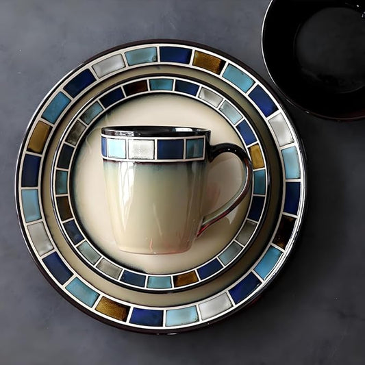 Ceramic Dinnerware Set of 4, 4 Pieces Dishes Set,Plate and Bowl Set, Unique Gift Idea, Scratch Resistant Dishes, Dishwasher & Microwave Safe(Blue)