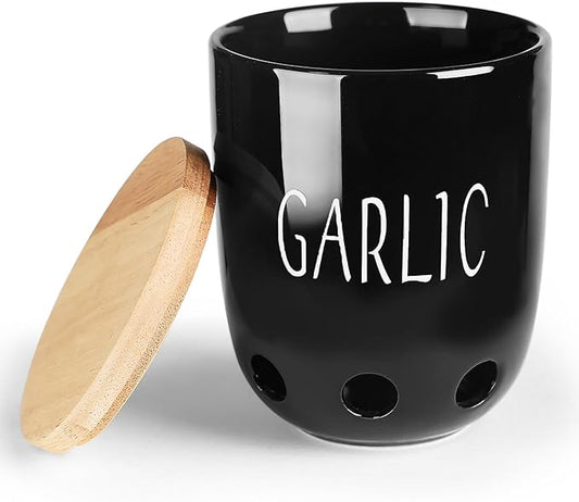 HAOTOP Ceramic Garlic Keeper for Counter, Garlic Saver Container with Wood Lid, Garlic Keeper for Kitchen, Garlic Holder to Keep Your Garlic Cloves Fresh Longer (Black)