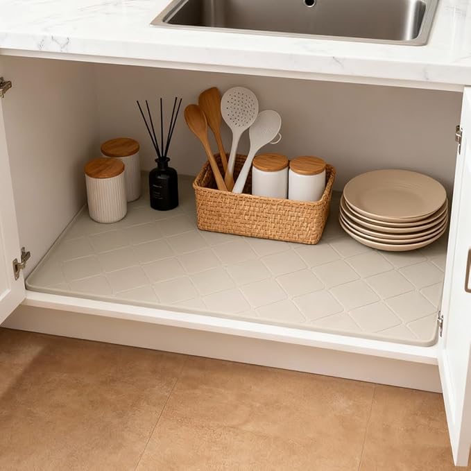 34" x 22" Under Sink Liner and Protector for Bottom of Kitchen Sink Beige, Waterproof Under-Sink Organizers Sink Mat Protectors, Flexible Silicone Drip Tray Pet Food Mats