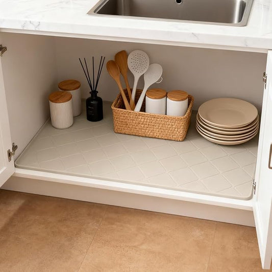 34" x 22" Under Sink Liner and Protector for Bottom of Kitchen Sink Beige, Waterproof Under-Sink Organizers Sink Mat Protectors, Flexible Silicone Drip Tray Pet Food Mats