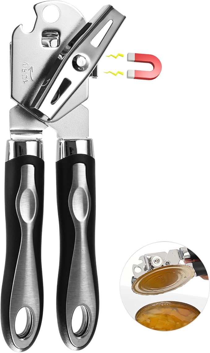 Ugotit Stainless Steel Manual Can Opener with Bottle Opener- Smooth Edge Handheld Heavy Duty Opener for Seniors & Camping, Multifunctional Kitchen Tool, Magnetic Lid Remover, Safe Cut